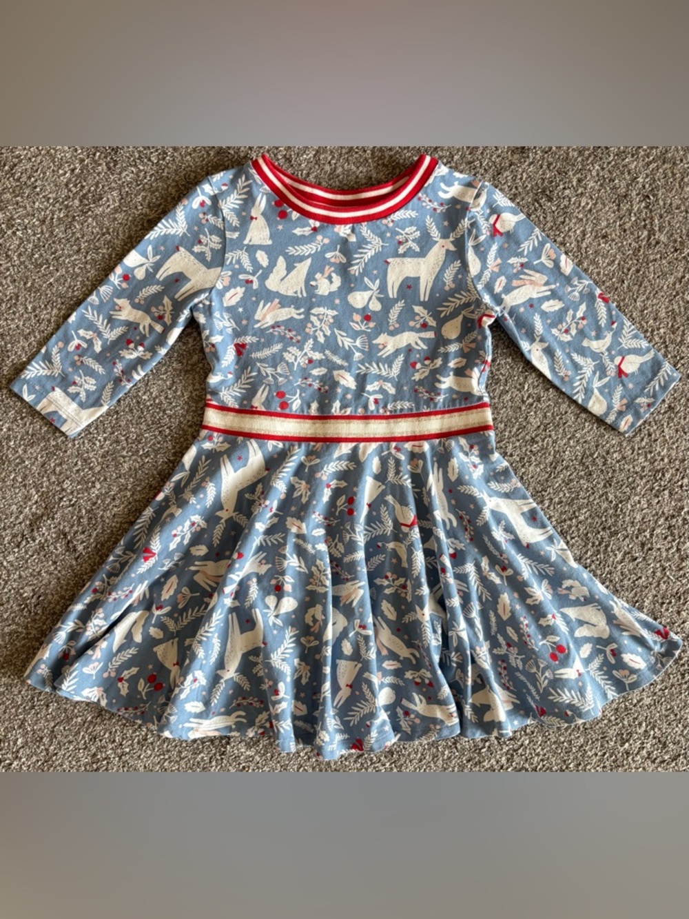 Mini Boden Blue Woodland Print Long-Sleeve Twirl Dress with Red Trim